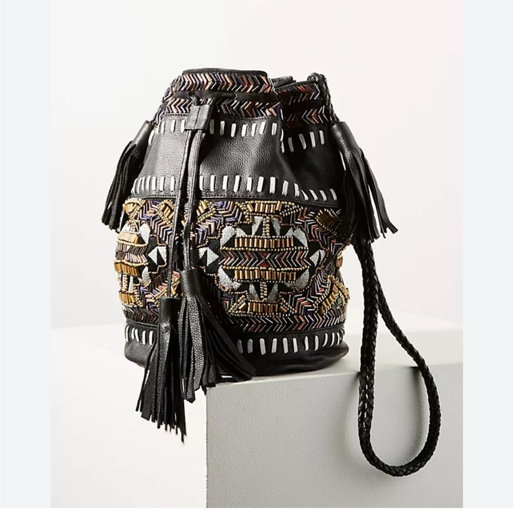 Hand-Beaded Black Leather Bucket Bag with Tassels